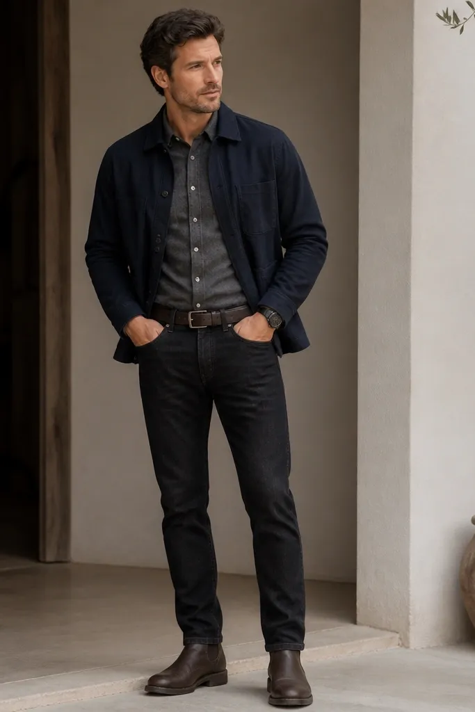 A charcoal flannel button-up tucked into dark jeans, layered with a navy chore jacket. Dark brown boots and a simple black watch.