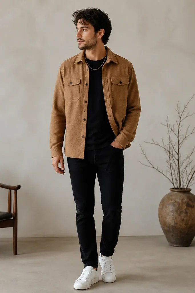 A camel flannel overshirt worn open over a black tee, with black jeans and white sneakers. A thin gold chain is visible.