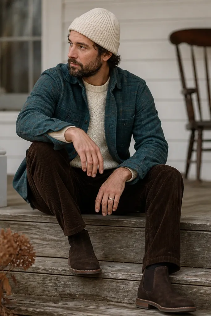 A teal flannel button-up worn with dark brown corduroy pants and a cream knit cap. Brown suede boots and a cream sweater underneath.