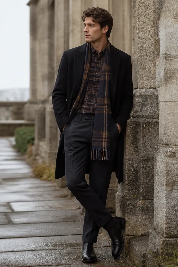 A flannel shirt with thin stripes under a dark overcoat. A scarf shows matching plaid colors from the shirt, and the man wears dark trousers and black boots.