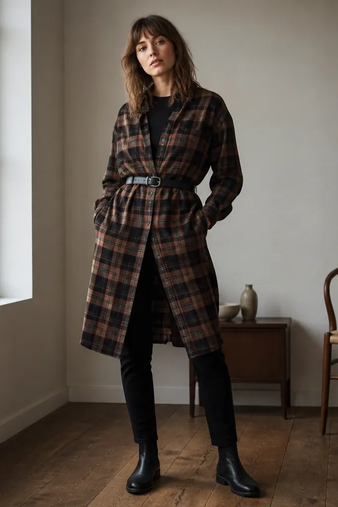A long flannel shirt worn like a dress over slim black trousers, cinched with a belt. Chelsea boots and a simple black tee at the neckline.