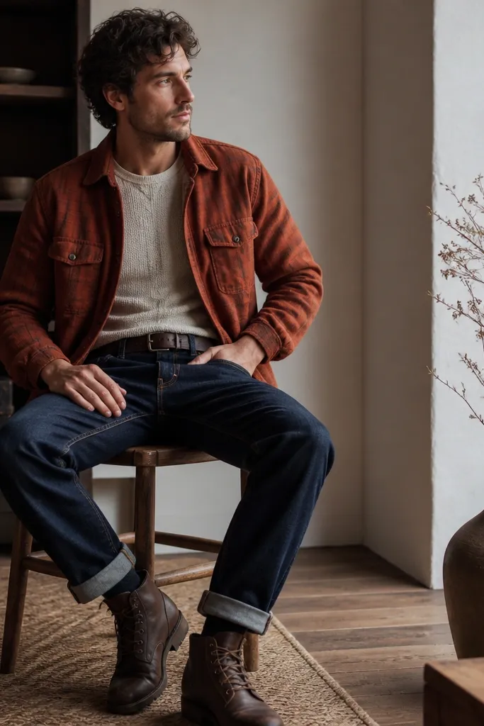 A rust-colored flannel worn open over a light knit tee, paired with indigo selvedge jeans. A leather belt and dark brown boots are visible.