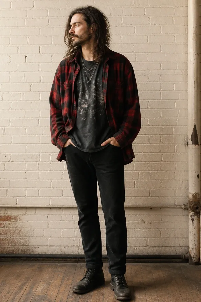 Man wearing a faded black band graphic tee, an open red-and-black heavy flannel, straight black jeans, and scuffed black lace-up boots. A thin silver chain sits over the tee, and the flannel hangs past the belt line.