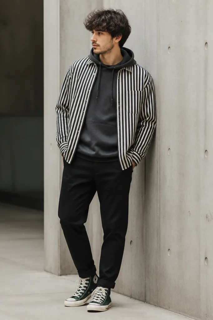 Man layered with a charcoal hoodie, a black-and-white striped overshirt worn open, black tapered pants, and dark green high-top sneakers. Hood is down, and the overshirt collar is visible.