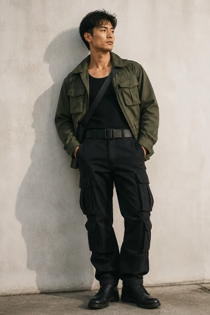 Man in an olive-green cargo jacket with patch pockets, a plain black ribbed tank, black cargo pants, and a black utility belt with a heavy buckle. He wears black boots, and a small crossbody strap crosses his chest.