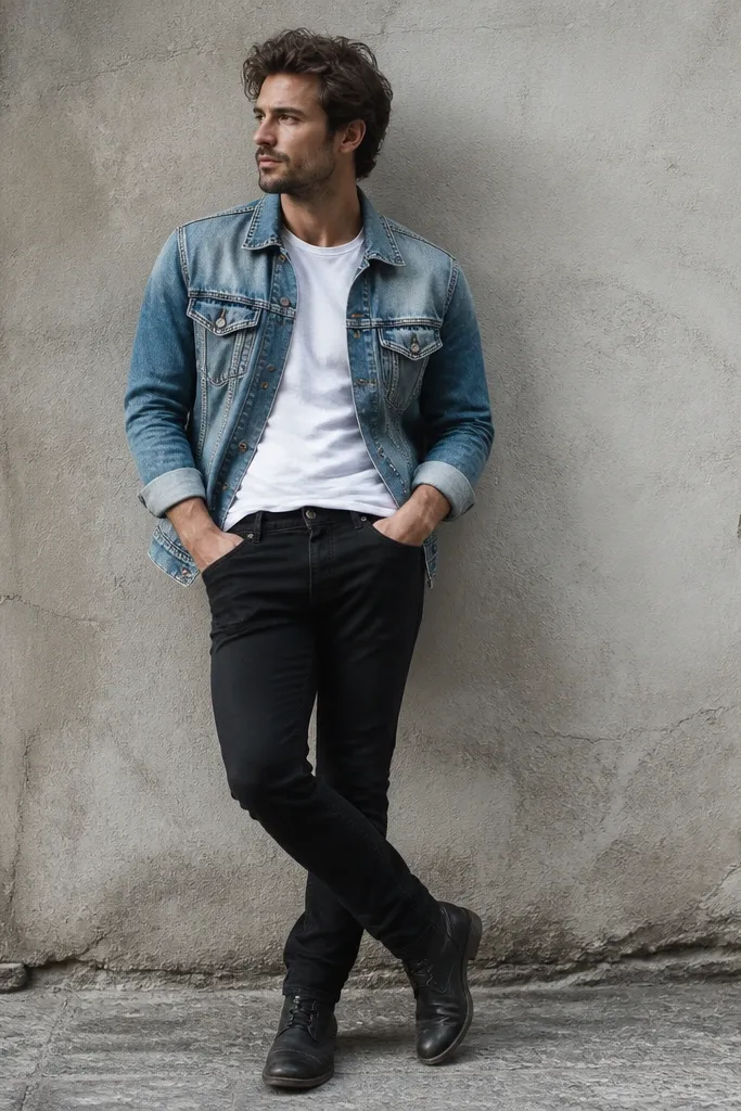 Man wearing a faded light-blue denim jacket with heavy whiskering, a plain white tee, black skinny-straight jeans, and worn black leather boots. Shirt collar peeks, and sleeves are rolled once.