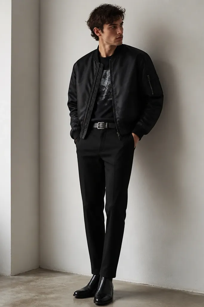 Man in a black bomber with faint satin sheen, a band tee underneath, black straight pants, and glossy black dress boots. A belt with visible metal buckle sits at the waist.