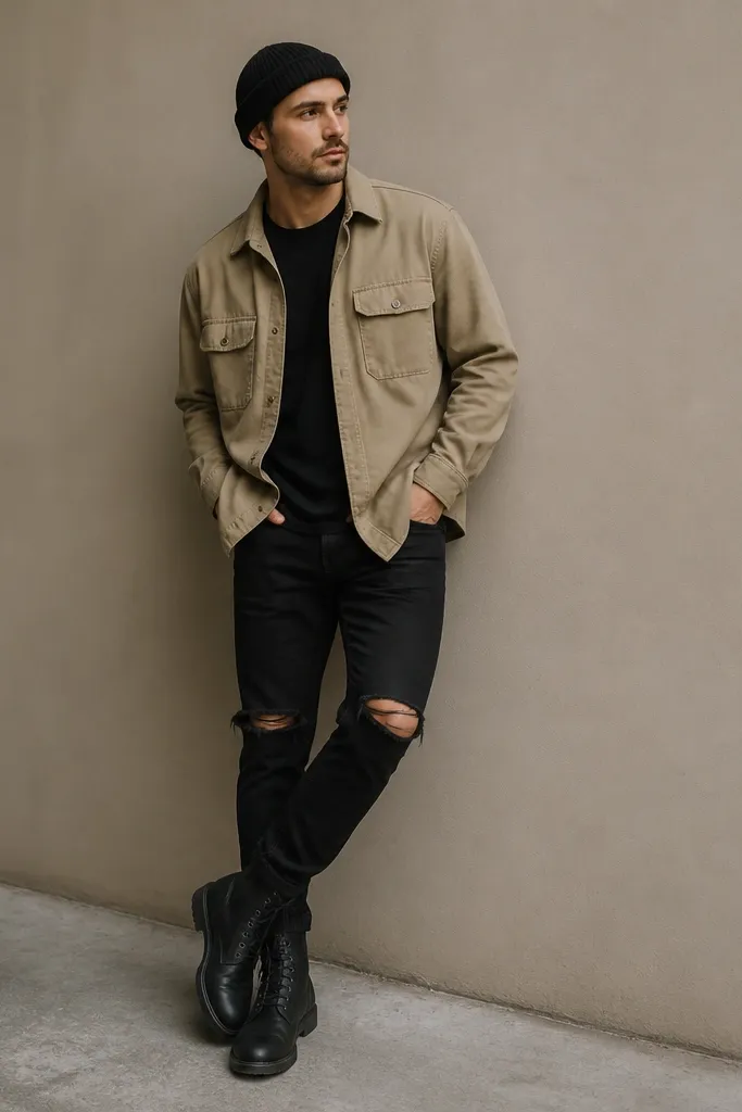 Man wearing a khaki cotton overshirt open over a black tee, black jeans with intentional knee rips, and black combat boots. A beanie sits low, and the overshirt hem falls mid-hip.