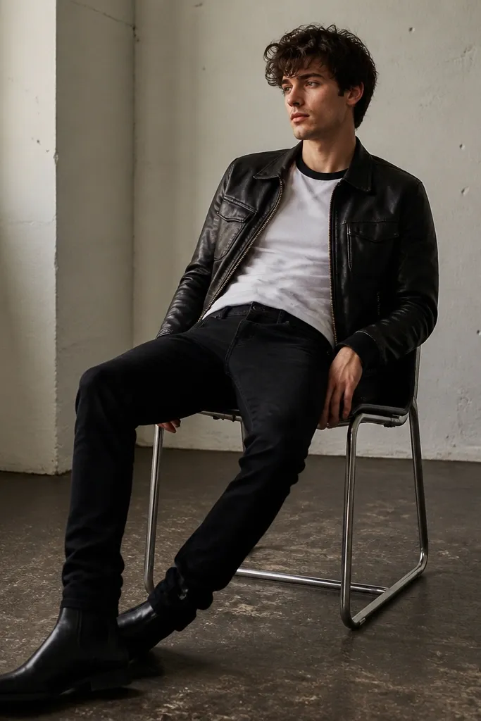Man in a worn black leather jacket, white ringer tee with black collar and sleeve trim, slim black pants, and black Chelsea boots. Hair is slightly messy, and the jacket zips halfway.