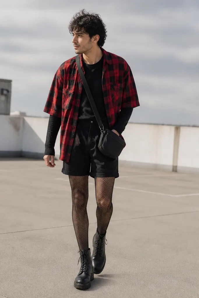 Man wearing a red-and-black plaid shirt open over a black long-sleeve layer, black shorts, black fishnet tights, and black lace-up boots. A crossbody bag hangs at hip level.