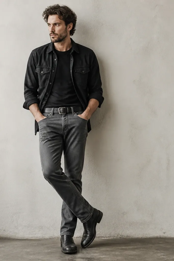 Man wearing a faded black denim button-up, sleeves rolled, over a black tee, gray wash jeans, and black boots. A wide black belt with metal buckle is visible.