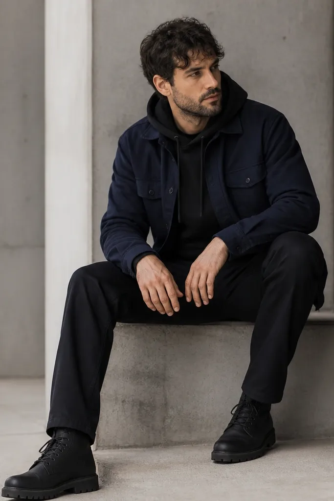 Man wearing a navy work shirt open over a black hoodie, black pants, and lace-up boots with thick soles. Shirt collar frames the hoodie, and the hoodie strings hang down.