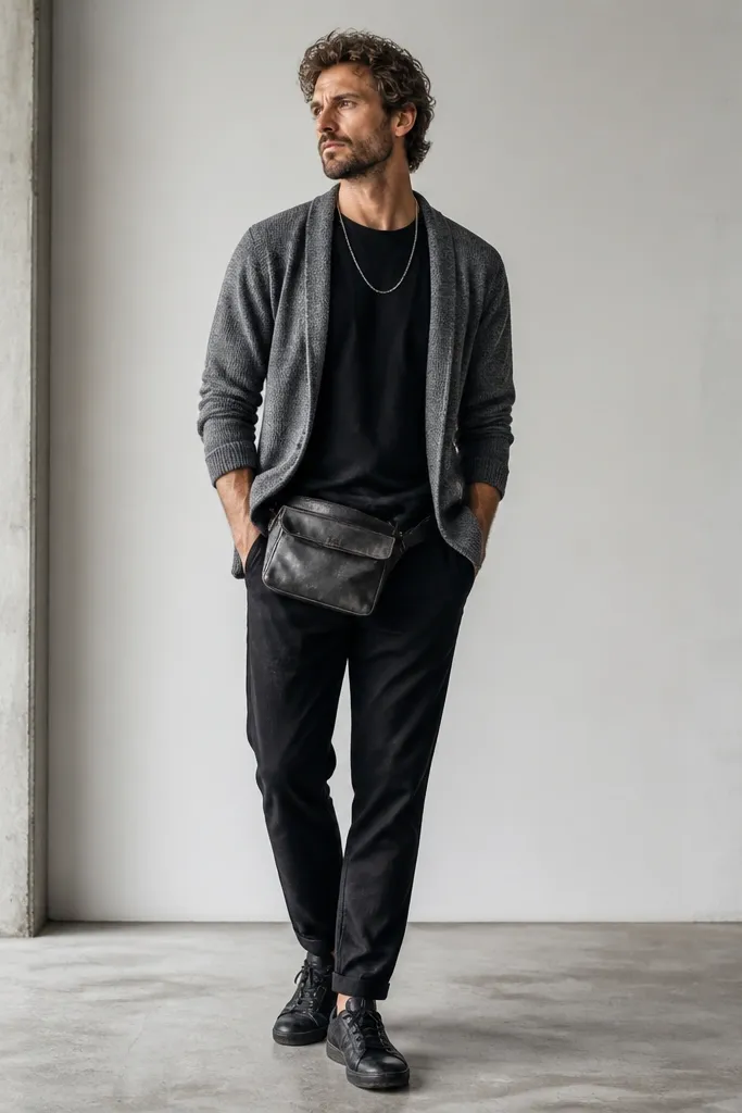 Man wearing a black tee under a gray slub-knit cardigan, black tapered pants, and a distressed belt bag worn at the hip. He has on worn black sneakers and a silver chain.