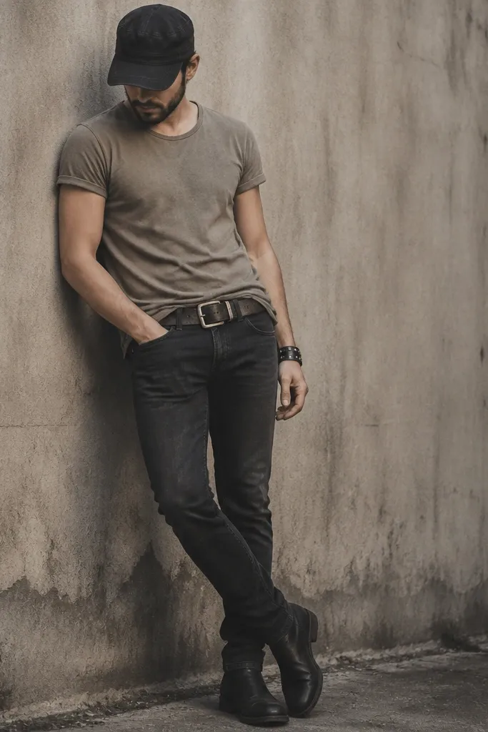 Man wearing a faded khaki t-shirt, black leather belt with a chunky buckle, black jeans, and a studded wrist cuff. Boots are black, and a black cap sits low.