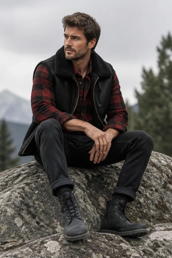 Man wearing a black shearling vest over a red-and-black plaid shirt, black jeans, and rugged black boots. The vest collar is fuzzy, and the plaid shows at the cuffs.
