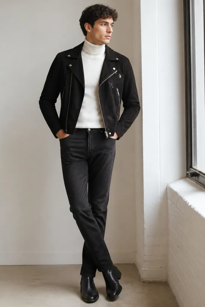 Man wearing a white ribbed turtleneck, a cropped black moto jacket, black denim jeans, and black boots. The turtleneck is snug, and the jacket has zippers at the front.