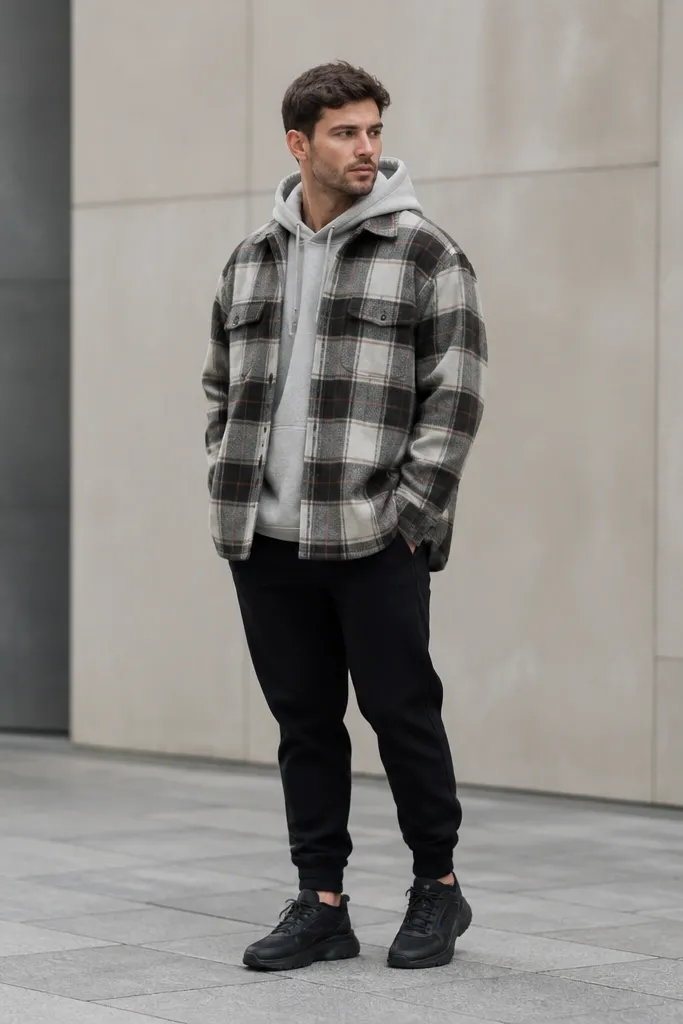 Man wearing a gray hoodie, an oversized plaid flannel worn open, black joggers with a tapered ankle, and black sneakers. Flannel covers most of the hoodie hem.