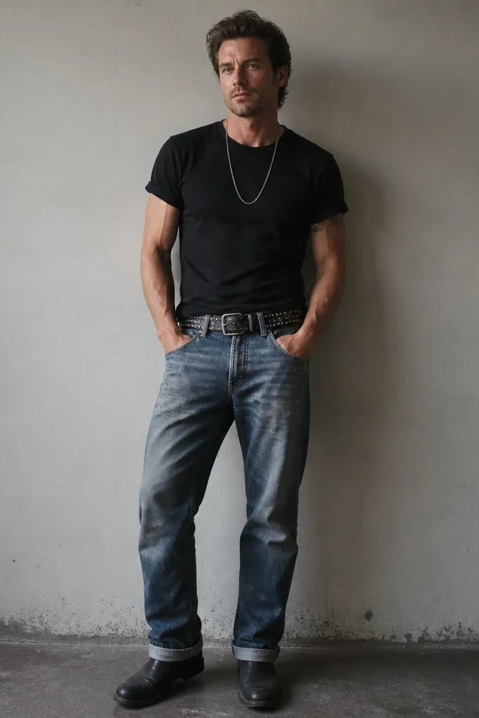 Man wearing a plain black tee, a studded black belt, faded blue work pants with slight creases, and black boots. A chain hangs at mid-chest, and the sleeves are rolled.
