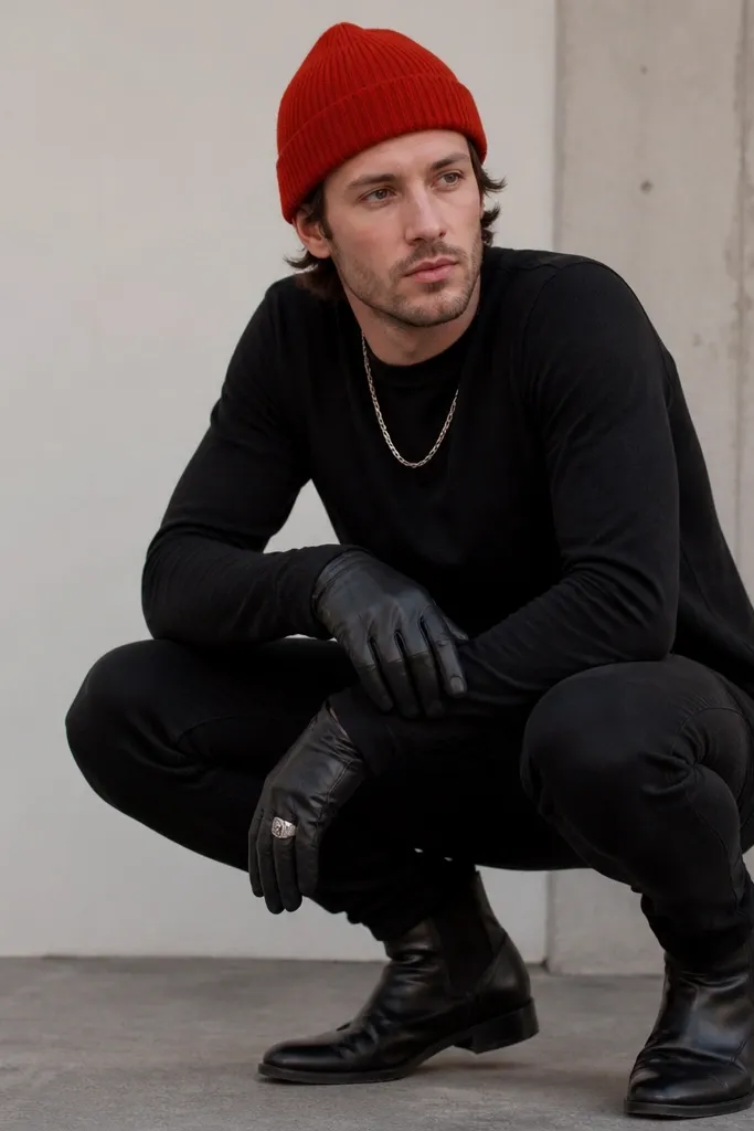 Man in a black long-sleeve shirt, black jeans, black boots, red knit beanie, and black leather gloves. He has a heavy silver ring and a short chain.