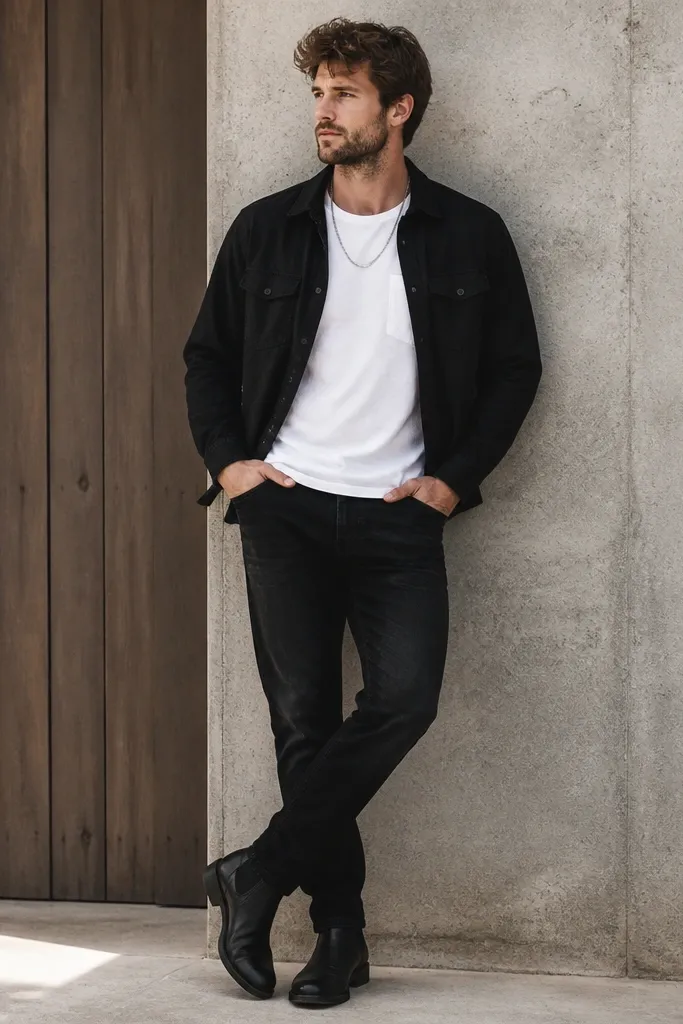 Man wearing a black overshirt with flap chest pockets, a white pocket tee underneath, black jeans, and black boots. A chunky silver chain hangs over the tee, and the overshirt is open.