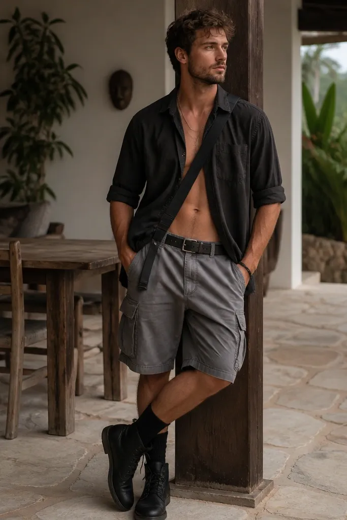 Man wearing a faded black work shirt open, gray cargo shorts, black boots, and a black belt. He has a crossbody bag and a simple silver chain.