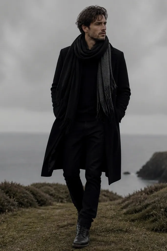 Man wearing a long black coat, a black scarf, and a second scarf in dark gray stripes layered loosely around the neck. He has a black tee, black pants, and rugged boots.