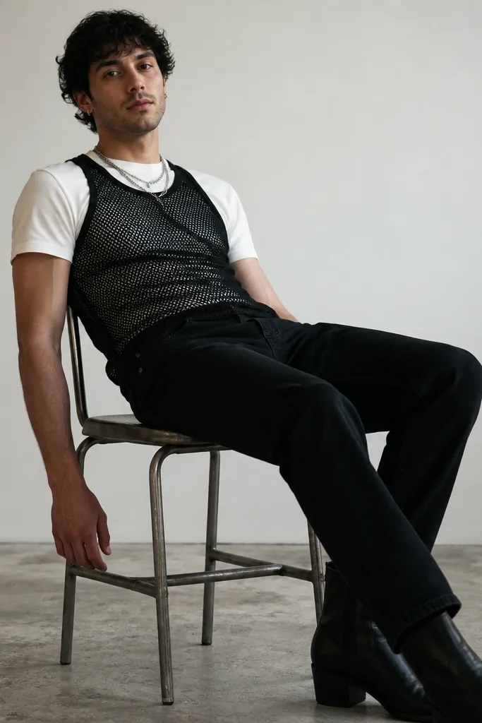 Man wearing a white tee layered with a black mesh tank over the chest, black jeans, and black boots. A layered chain necklace sits over the mesh texture.