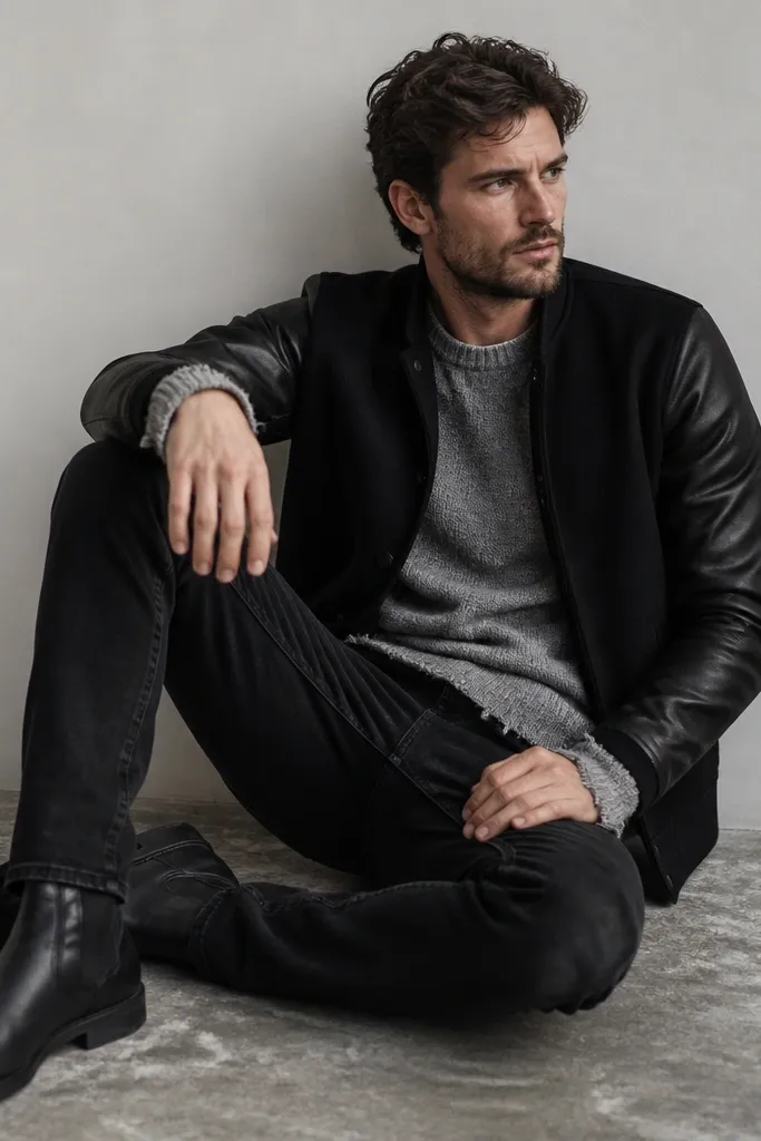 Man wearing a distressed gray crewneck sweater, a black jacket with leather sleeves, black denim jeans, and black boots. The crewneck shows at the collar and cuffs.
