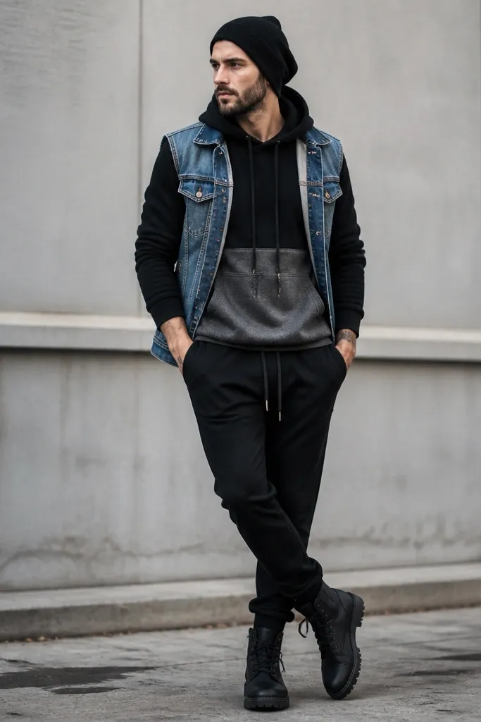 Man wearing a two-tone hoodie (black and charcoal), an oversized denim vest worn open, black joggers, and black boots. A black beanie covers his head, and the hoodie strings hang down.