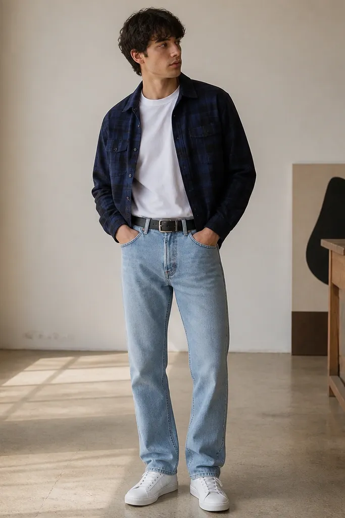 A men's outfit photo showing a navy-and-black plaid cropped flannel worn open over a plain white crewneck T-shirt. Light blue straight jeans sit at the natural waist. Clean white low-top sneakers and a simple black leather belt complete the look.