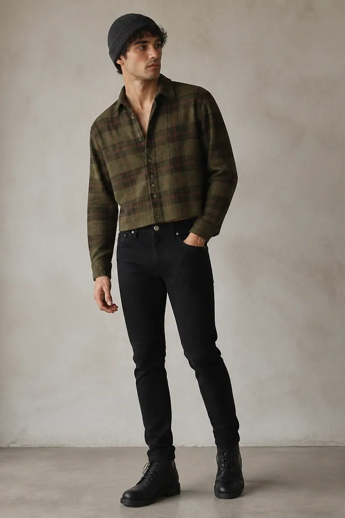 A man wearing an olive green cropped flannel with red-brown lines, buttoned partially and ending above the waistband. He wears black slim jeans and matte black leather lace-up boots. A dark gray knit beanie sits on his head.