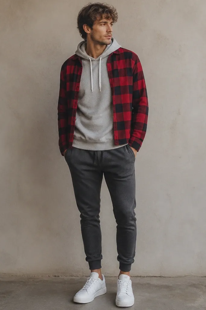 A close full-body shot of a red buffalo plaid cropped flannel worn over a heather gray hoodie. The flannel is open, hoodie drawstrings hang down, and he's wearing dark gray tapered joggers with white sneakers.