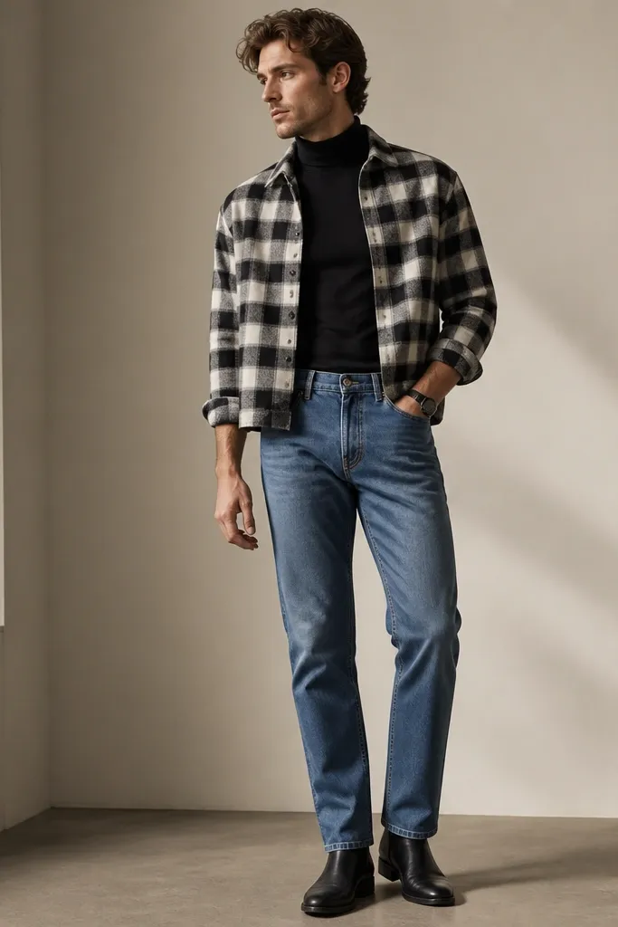 A man wearing a black-and-white check cropped flannel open over a fitted black turtleneck. He wears medium-wash straight denim and a dark leather watch. Black Chelsea boots complete the outfit.