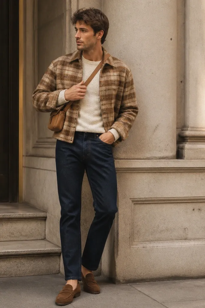 A warm-toned outfit: camel plaid cropped flannel worn open over a cream knit sweater. Dark indigo jeans sit at the waist. The man wears brown suede loafers and carries a small tan crossbody bag.
