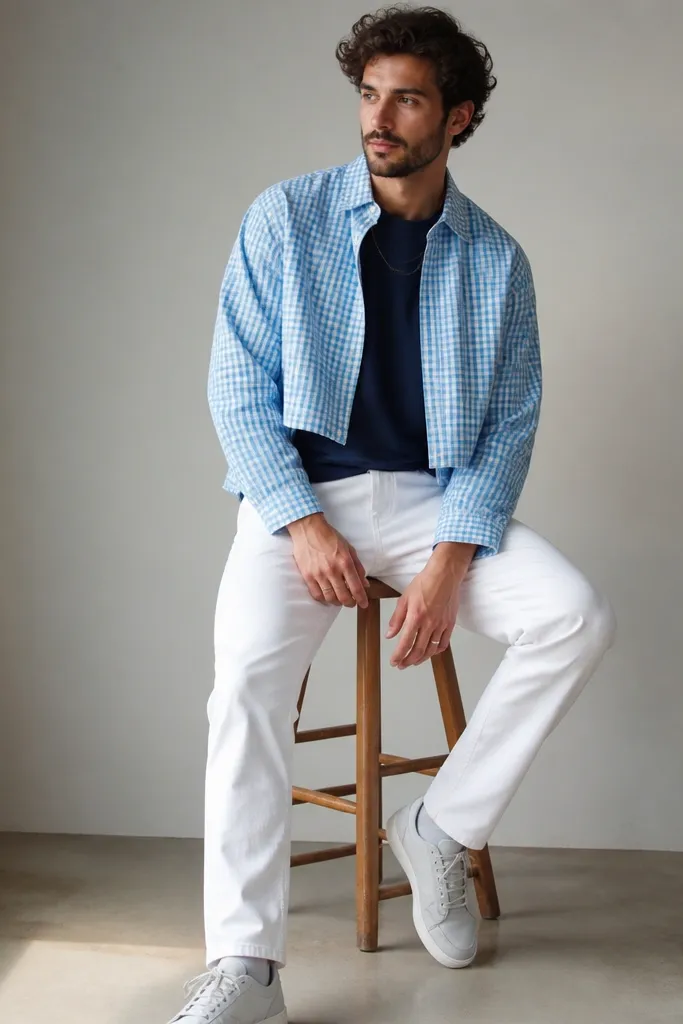 A man wearing a sky-blue gingham cropped flannel over a navy crewneck tee. He wears crisp white jeans and light gray sneakers. A simple silver ring and a thin chain are visible.