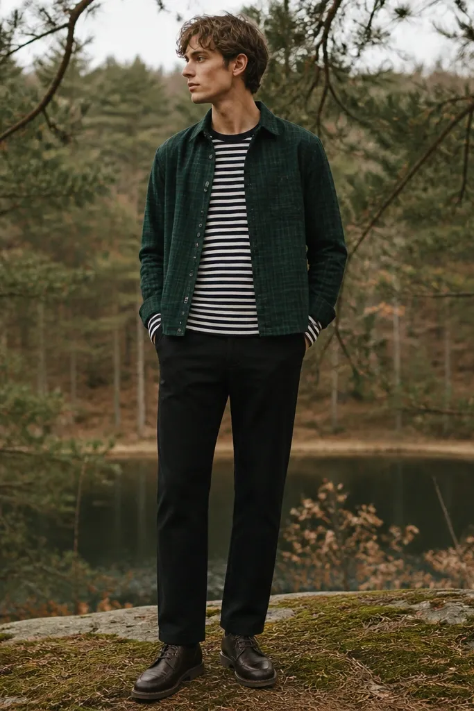 A forest green cropped flannel worn open over a black-and-cream striped long-sleeve shirt. The man wears black straight jeans and dark brown leather lace-up shoes.