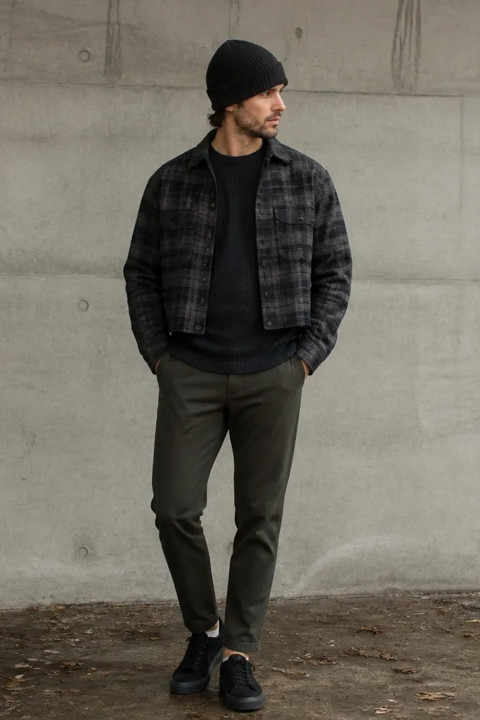 A man wearing a charcoal plaid cropped flannel over a black thermal long-sleeve. He's in dark olive chinos with a tapered leg and black sneakers. A knit beanie sits low on his head.