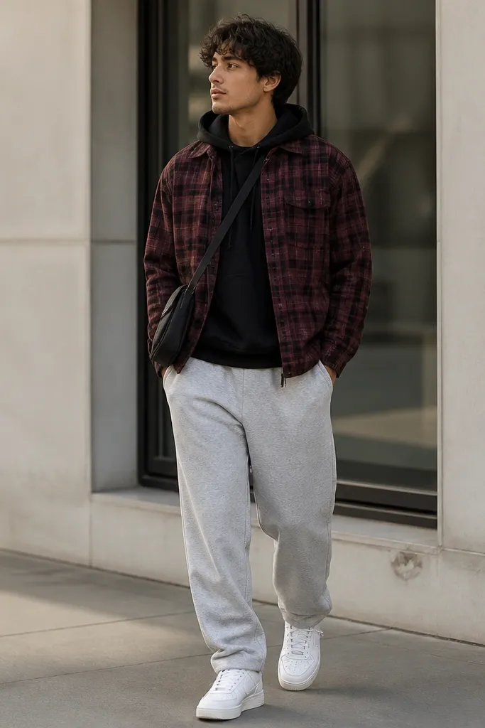 A burgundy plaid cropped flannel open over a black hoodie. The man wears heather gray sweatpants and white sneakers, with a black crossbody bag.