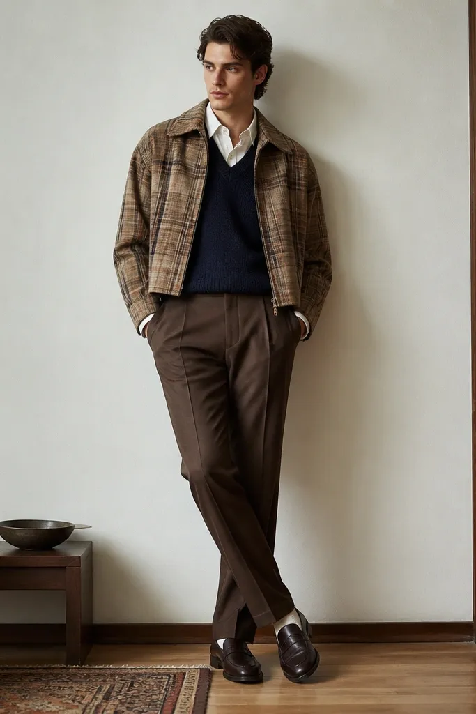 A man wearing a tan plaid cropped flannel open over a navy sweater vest and white button-down collar peeking out. He wears brown trousers and dark brown loafers.