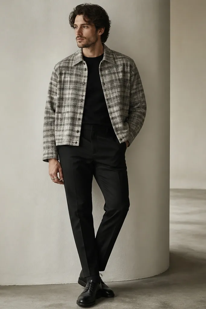 A man in a light gray plaid cropped flannel worn open over a black tee. He wears slim black trousers and black leather dress shoes, with a simple silver ring.