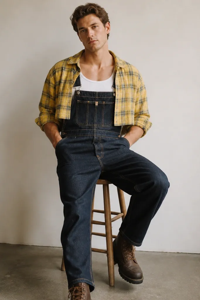A man wearing a yellow plaid cropped flannel open over a white tank top. He's in dark denim overalls with straps and wears brown work boots.