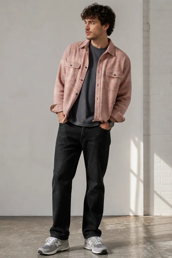 A man wearing a soft pink cropped flannel over a charcoal crewneck tee. He wears black denim with a straight leg and gray sneakers. A watch with a dark strap is visible.