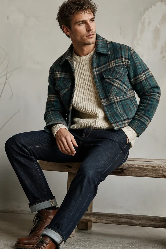 A man in a teal plaid cropped flannel open over a cream chunky-knit sweater. Dark indigo jeans and brown leather boots finish the outfit.
