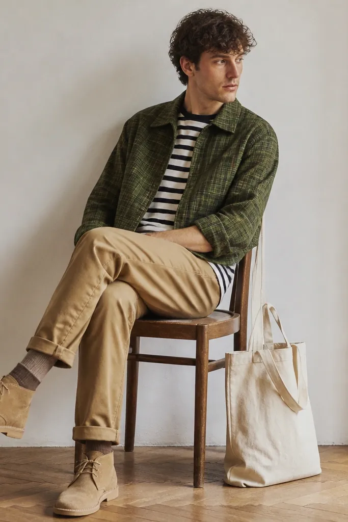A man wearing a green plaid cropped flannel over a black-and-white striped tee. He has tan chinos and tan suede desert boots. A light canvas tote sits beside him.
