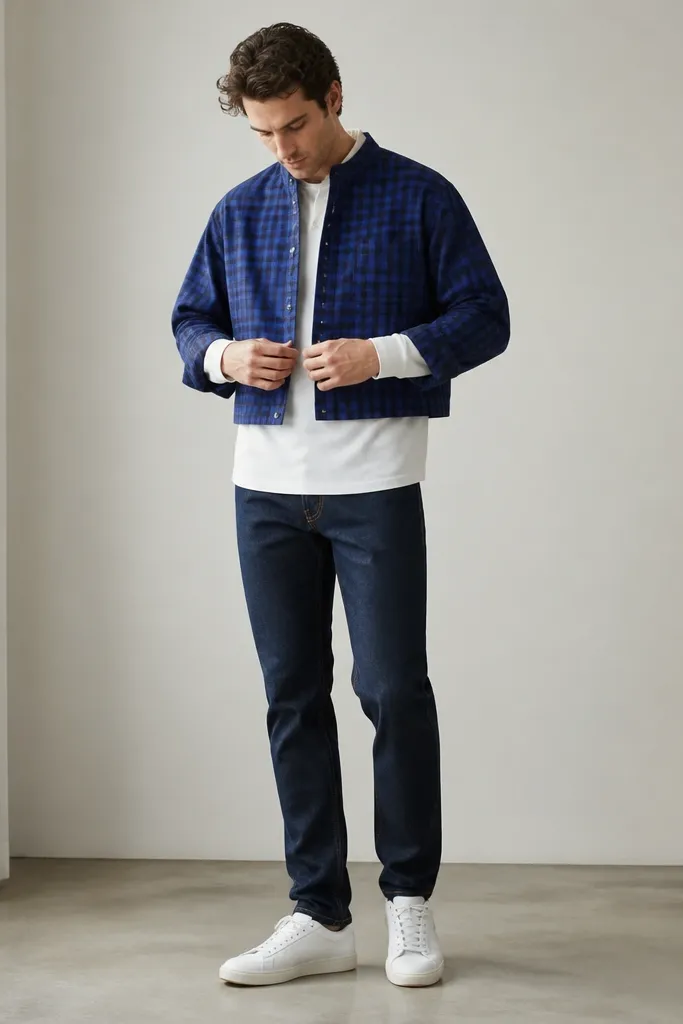 A man layering a cobalt blue cropped flannel over a white long-sleeve shirt, with a hint of white denim collar visible. He wears dark blue jeans and white sneakers.