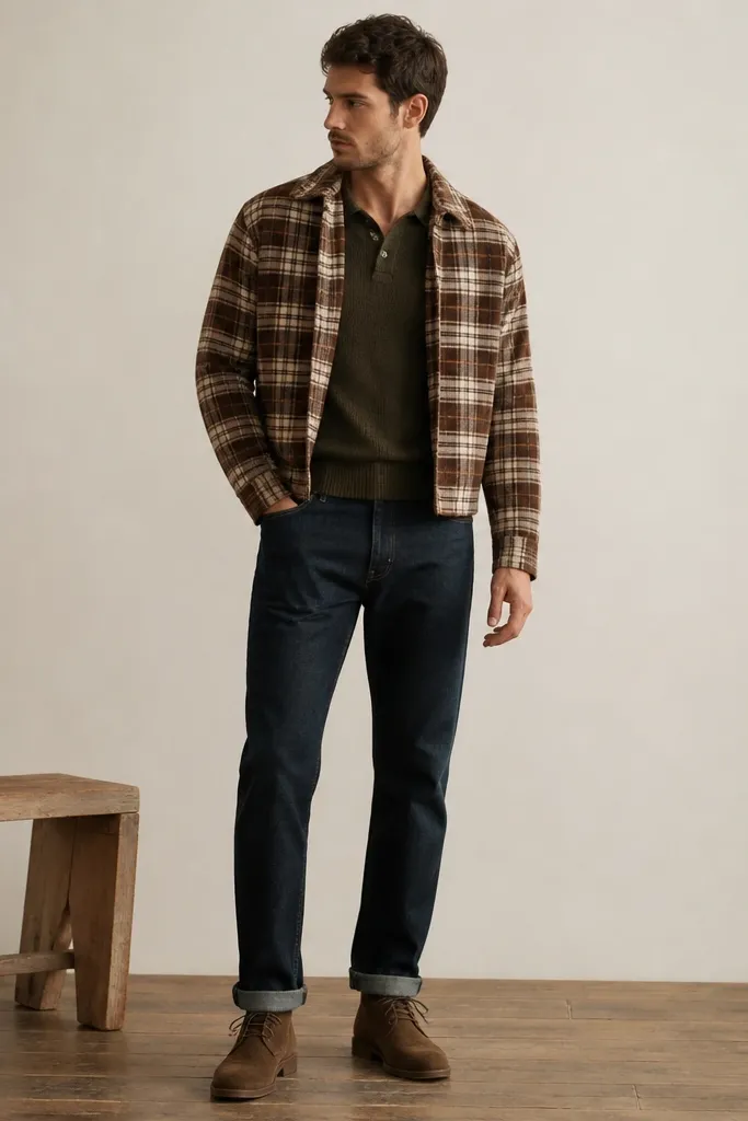 A man wearing a brown-and-cream plaid cropped flannel open over a dark olive knit polo. He wears dark wash jeans and brown suede chukkas.
