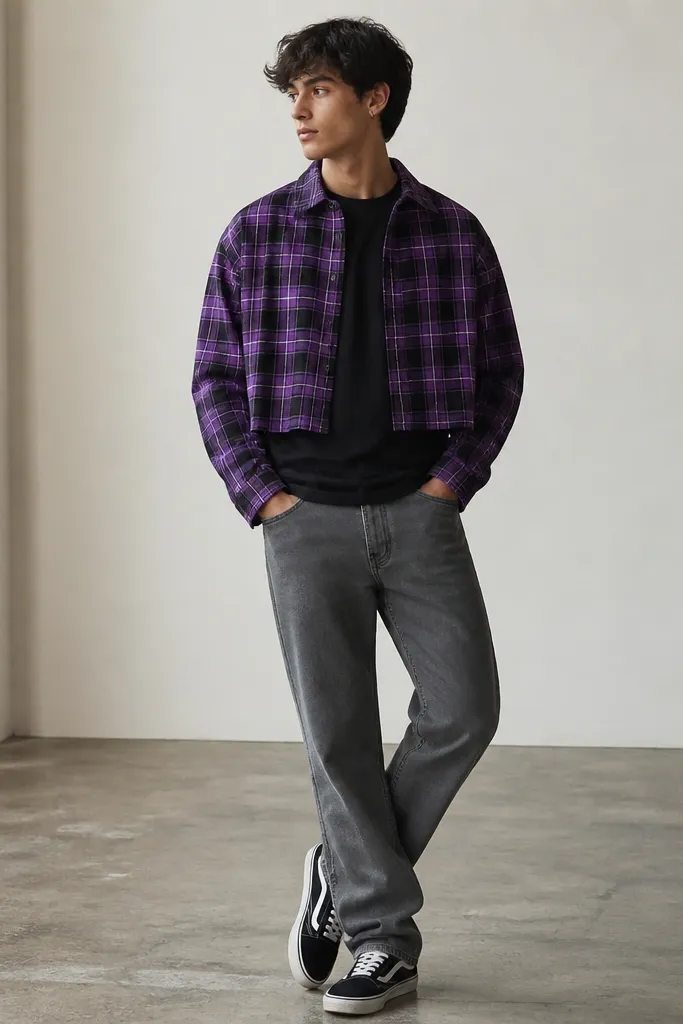 A man wearing a purple plaid cropped flannel open over a black t-shirt. He wears gray straight jeans and black-and-white sneakers.