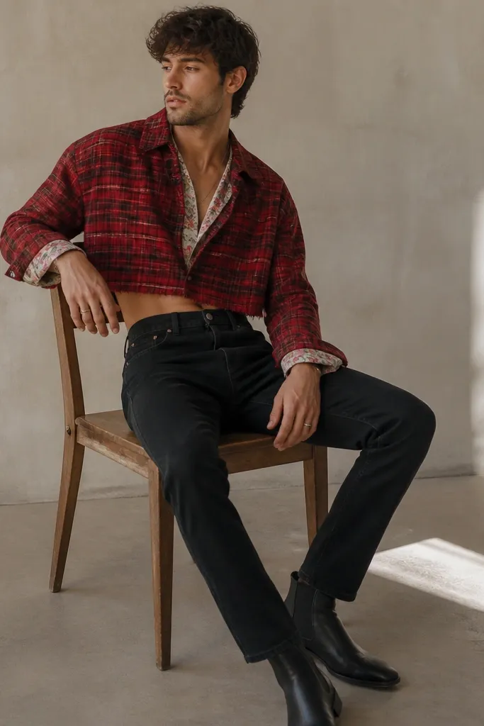 A man wearing a red cropped flannel open, with a small floral shirt peeking from underneath at the collar and sleeves. He wears dark jeans and black boots.