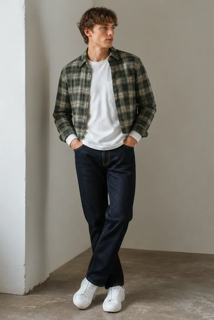 A man wearing a green cropped flannel over a white pocket tee. The flannel sleeves are cuffed once, revealing the pocket tee cuffs. He wears dark blue jeans and white sneakers.