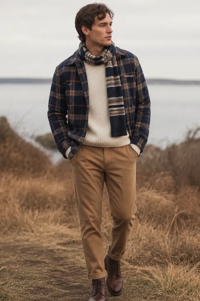 A man wearing a navy plaid cropped flannel open over a cream knit sweater. A striped knit scarf wraps his neck. He wears tan chinos and brown leather boots.